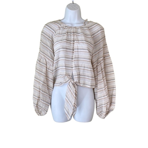 Gianni Bini Linen Crop Tie Top Balloon Sleeves Cream‎ Stripes - Picture 1 of 8